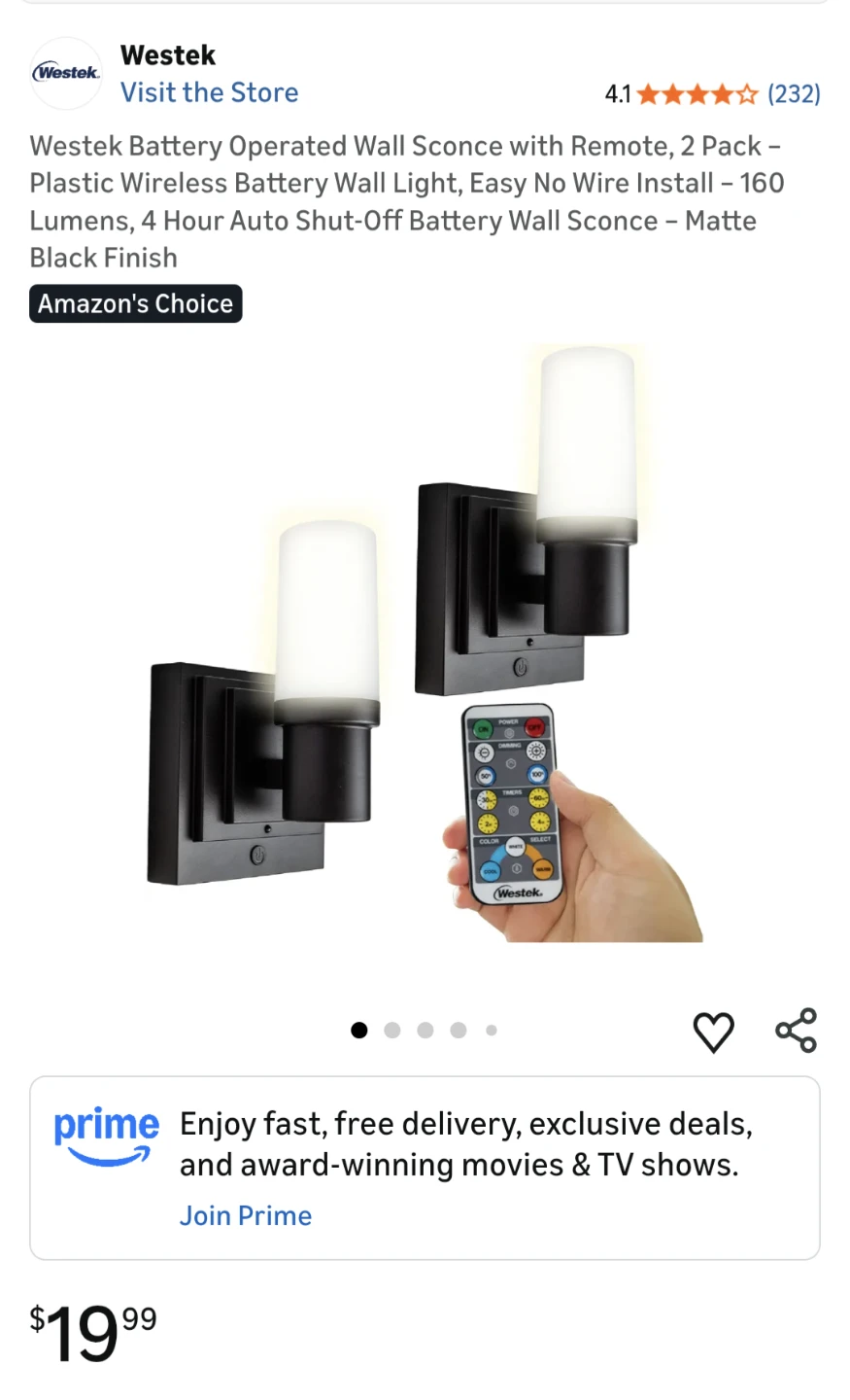 Westek Battery Operated Wall Sconce Lights with Remote - 2 Pack - photo 2