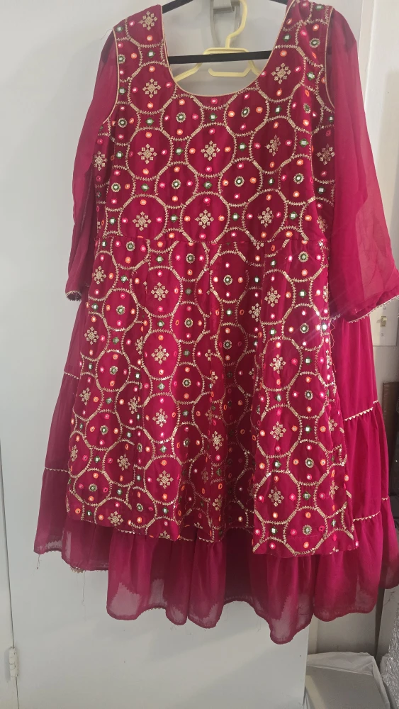 Pink Tiered Dress with Gold Trim and Embellishments