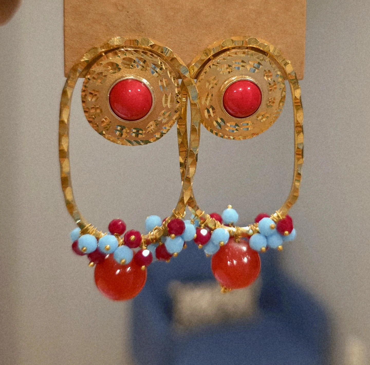 Gold Hoop Earrings with Red and Blue Beads - photo 5