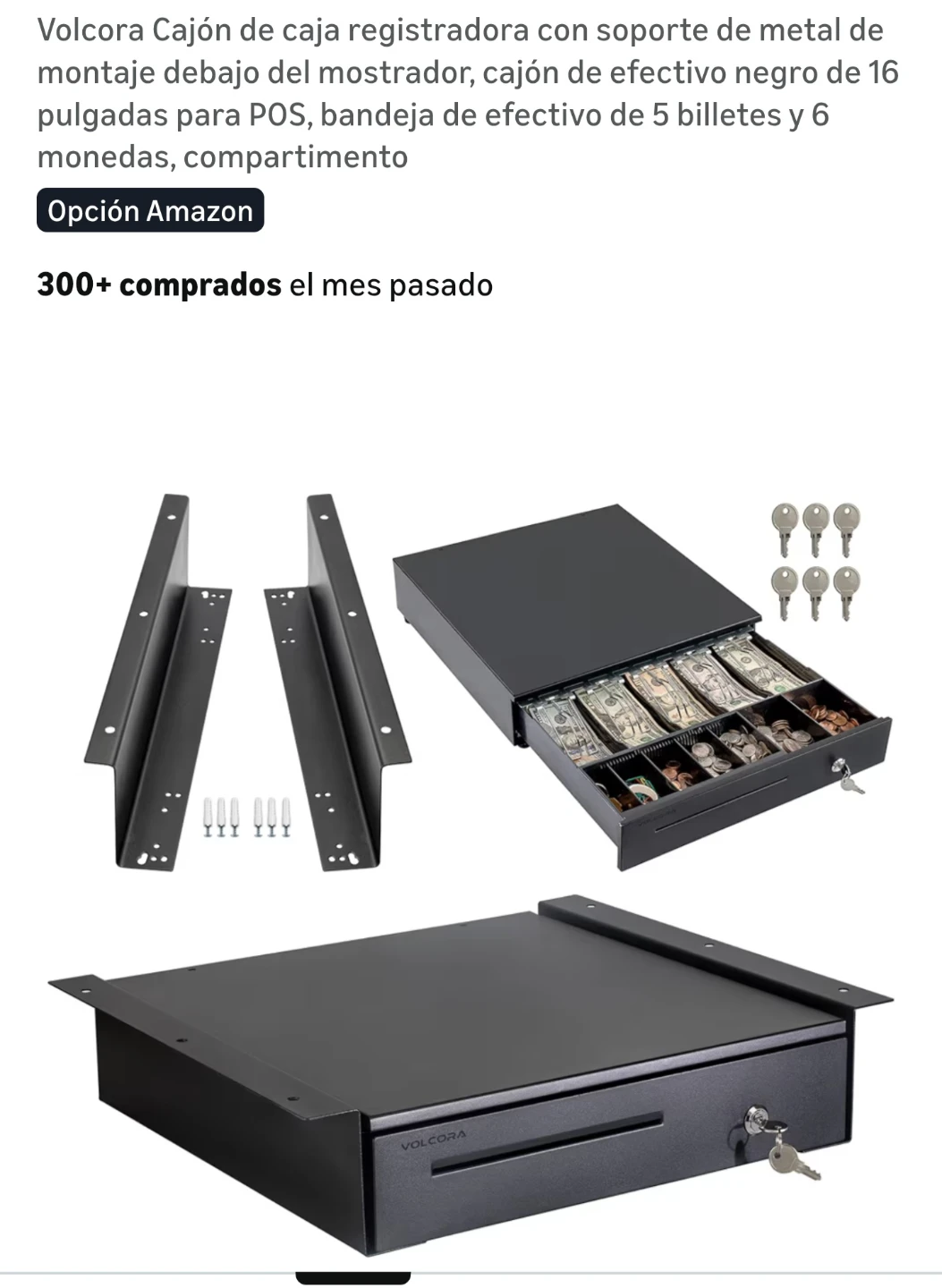 Volcora Black Cash Drawer with 5 Bill and 7 Coin Compartments