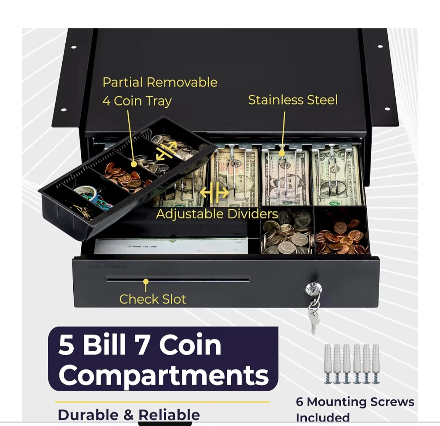 Volcora Black Cash Drawer with 5 Bill and 7 Coin Compartments - photo 2