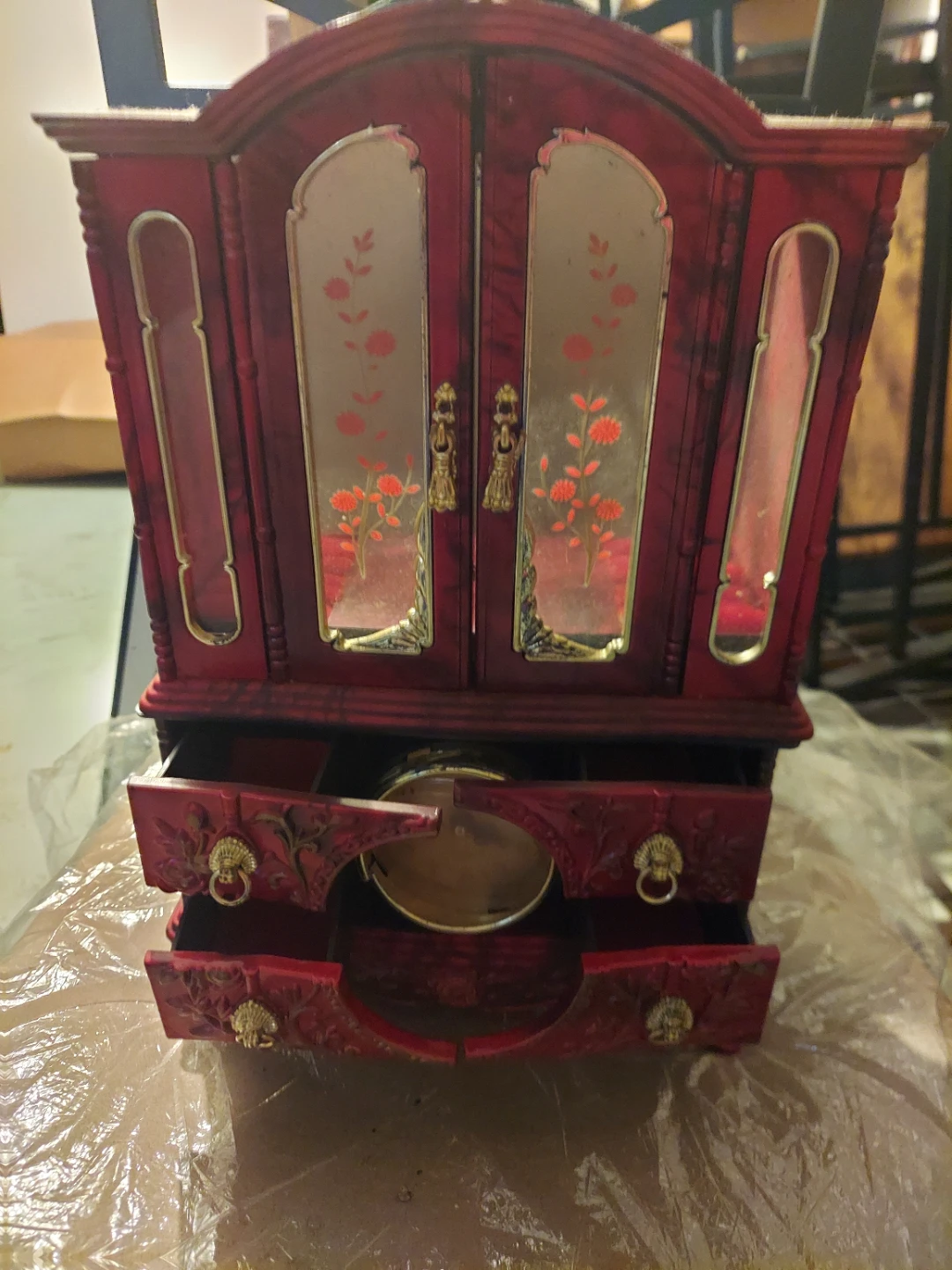 Vintage Red Jewelry Box Armoire with Ornate Details