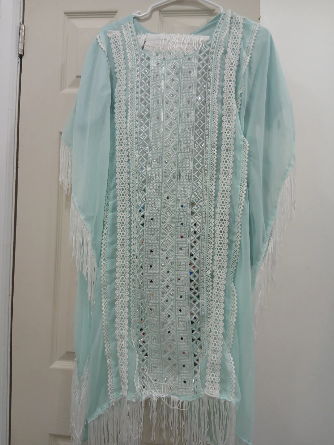 Light Blue Kaftan Dress with Mirror Work and Fringe - photo 2