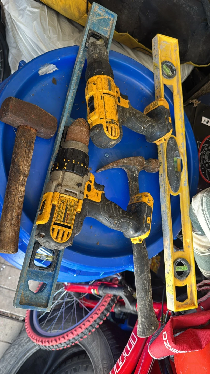 DeWalt Drills, Sledge Hammer, and Levels