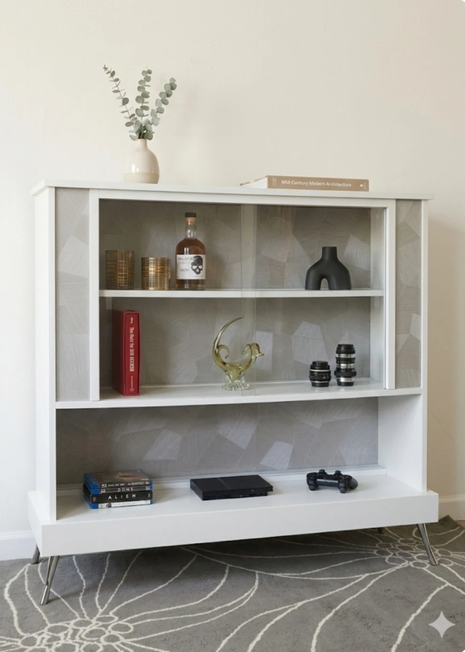 Light Grey Display Cabinet with Sliding Glass Doors