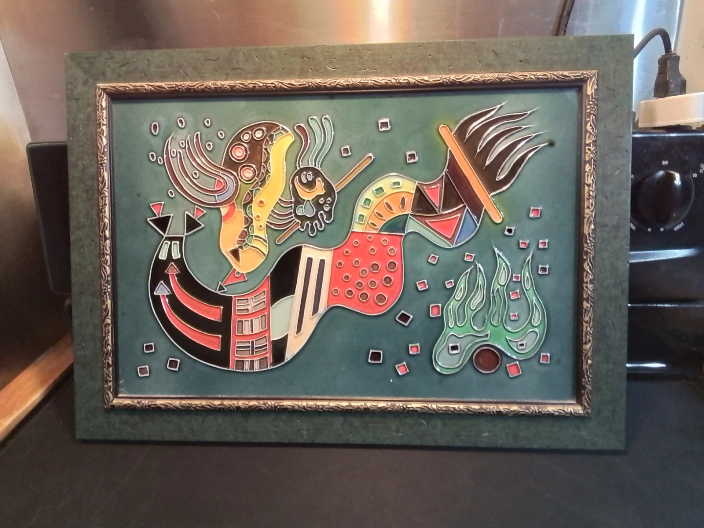 Framed Ceramic Art Tile - Whimsical Dragon Design