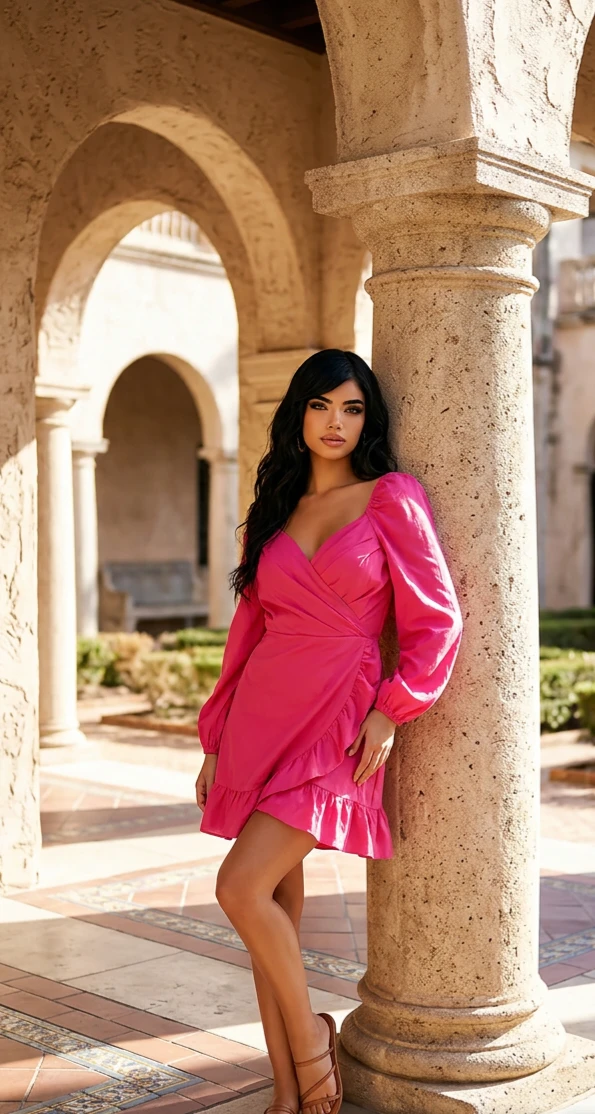 Hot Pink Long Sleeve Ruffle Wrap Mini Dress