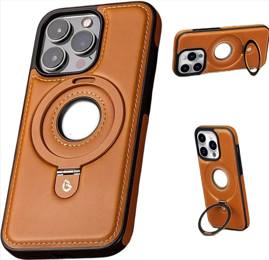 iPhone 13 Pro Brown Leather Case with Ring Stand