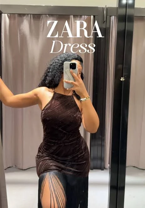 ZARA Brown Velvet Fringe Dress - photo 2