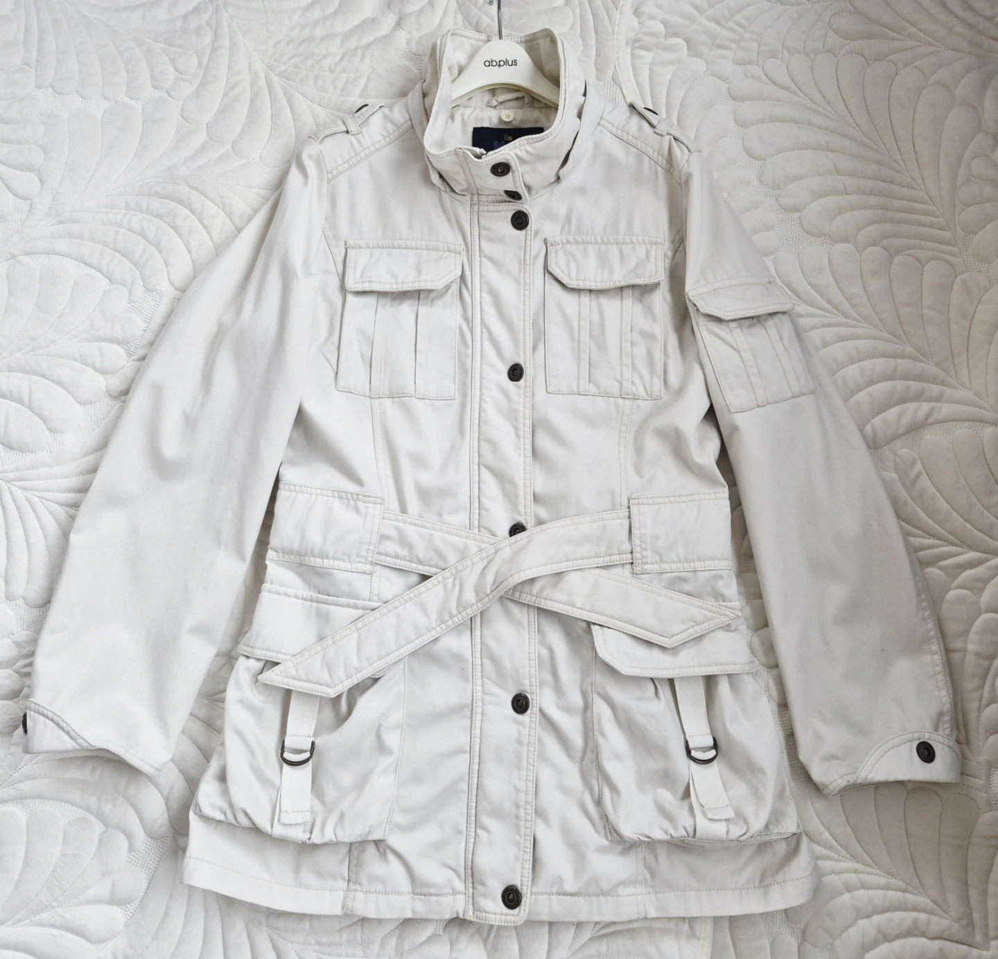 Cotton Cream Belted Utility Jacket with Removable Quilted Lining