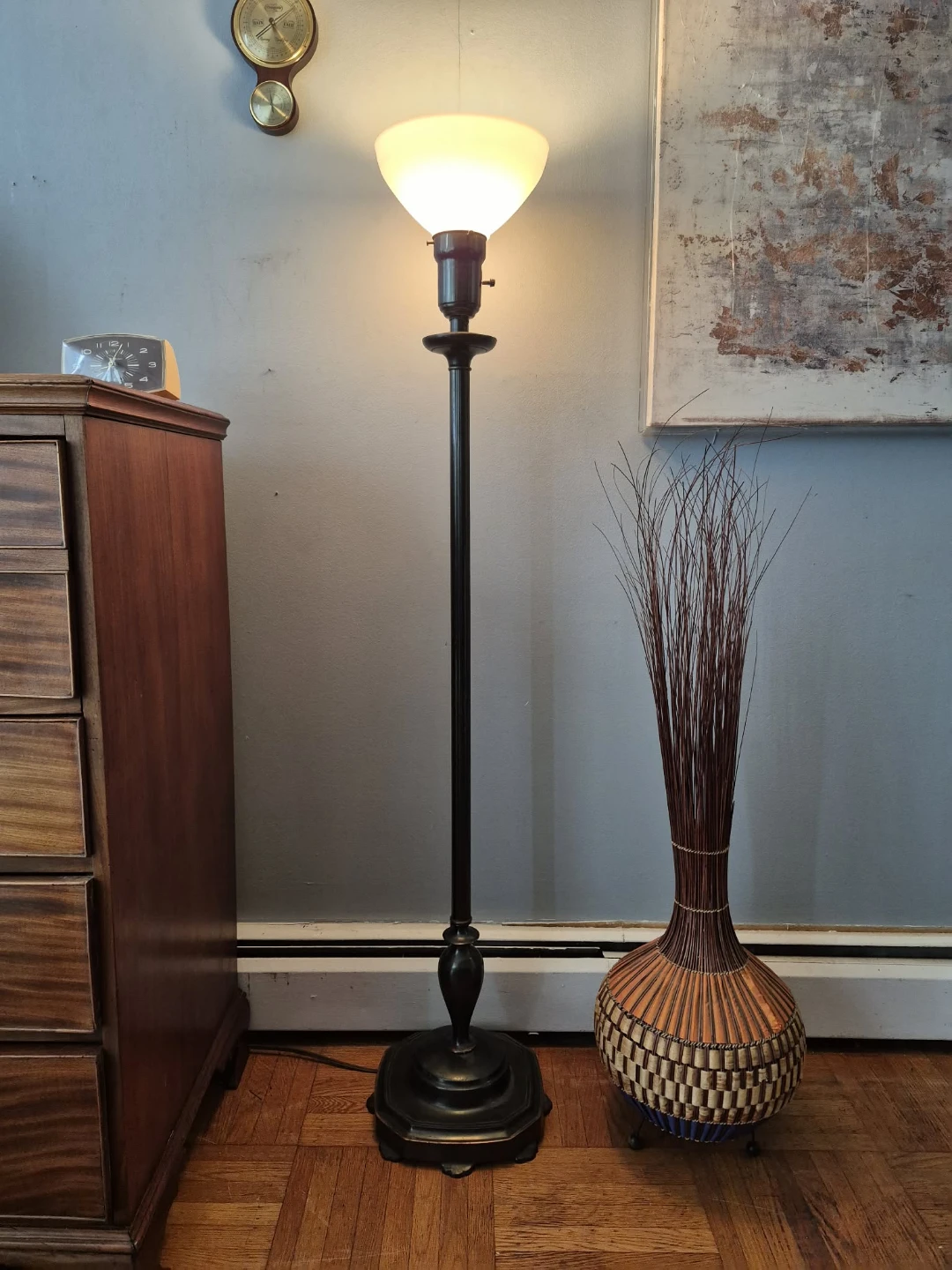 Vintage Metal Floor Lamp With Milk Glass Shade