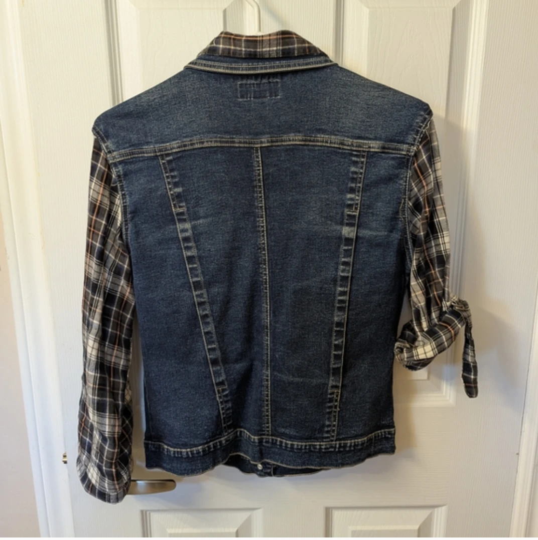 Stone Jeans Denim Jacket with Plaid Sleeves - photo 2