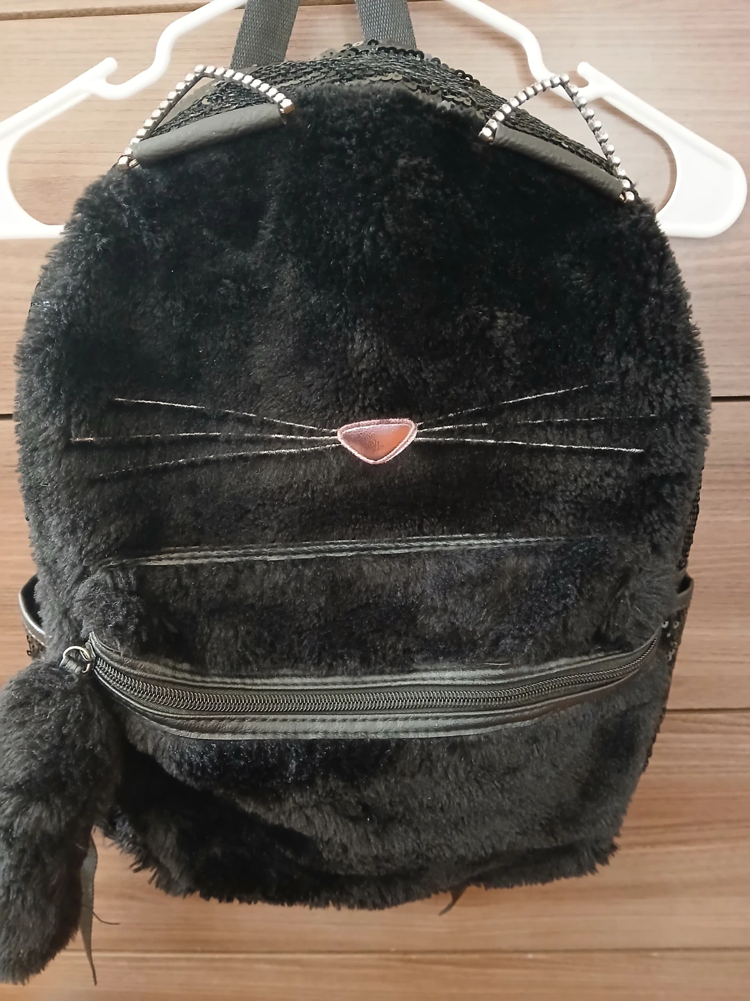 Black Faux Fur Cat Backpack with Sequins
