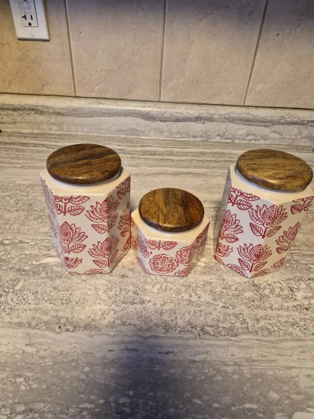 Set of 3 Ceramic Canisters with Wooden Lids
