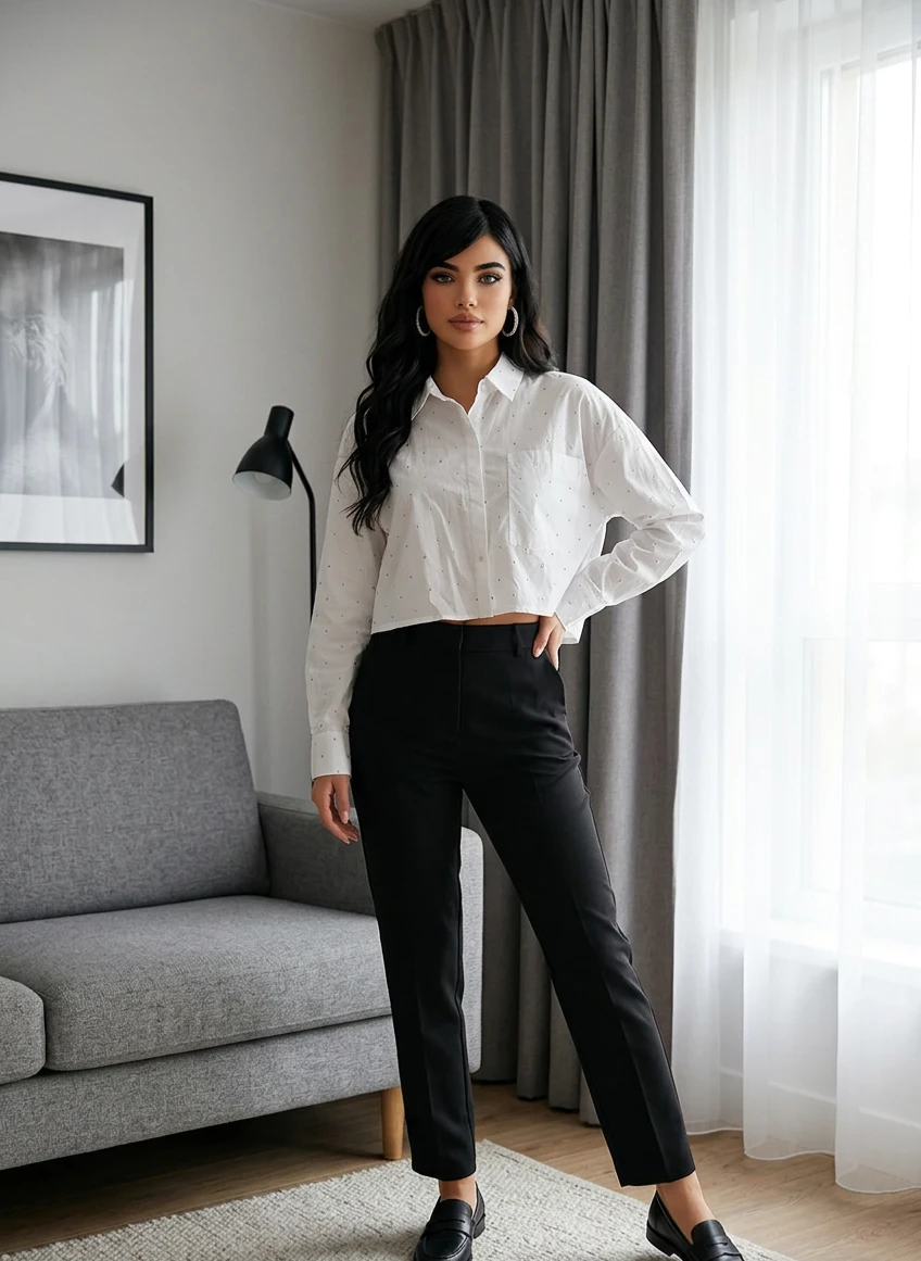 White Cropped Shirt with Small Dots