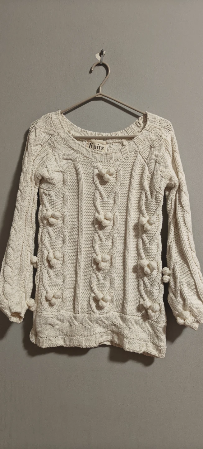 Knitz Cream Cable Knit Sweater with Pom-Poms