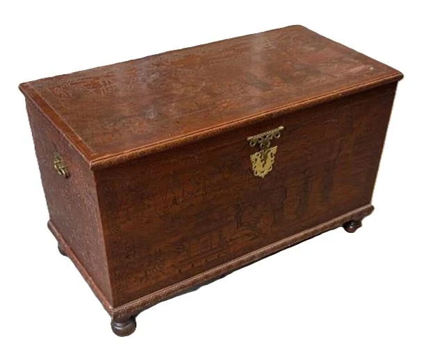 Antique Carved Wood Storage Chest Trunk