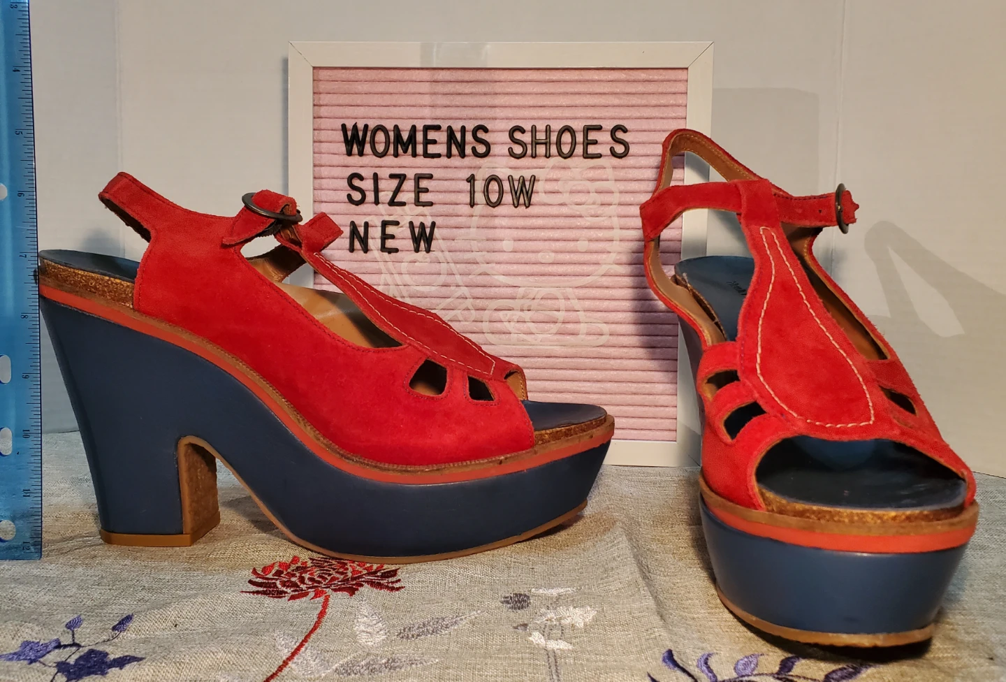 Hush Puppies Red & Blue Suede Platform Wedge Sandals Size 10W