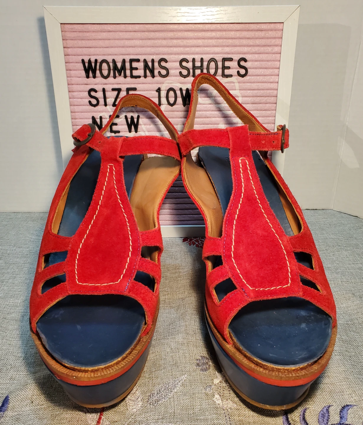 Hush Puppies Red & Blue Suede Platform Wedge Sandals Size 10W - photo 2