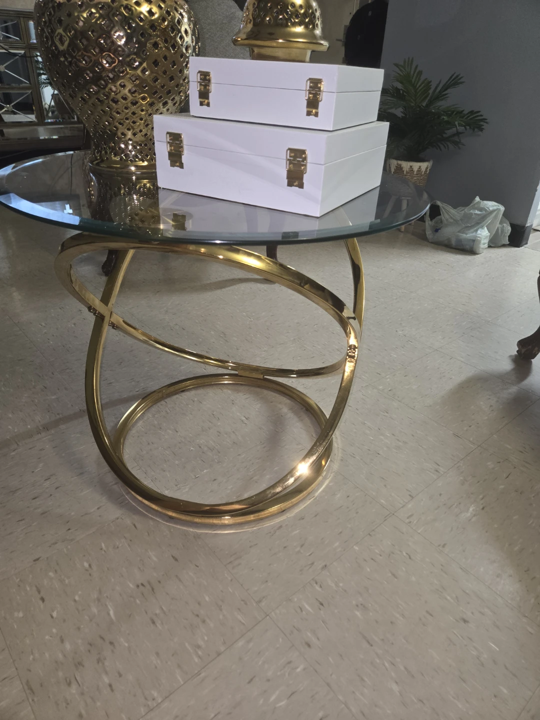 Gold Metal Wire Round Side Table with Glass Top - photo 2