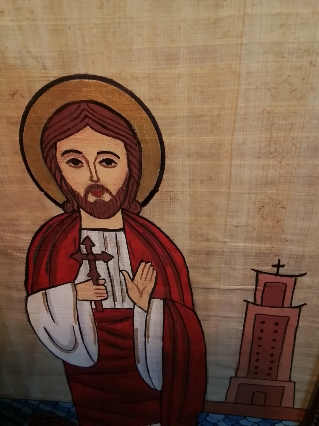Signed Coptic Christian Icon of St. Mark with a lion on Papyrus - photo 3