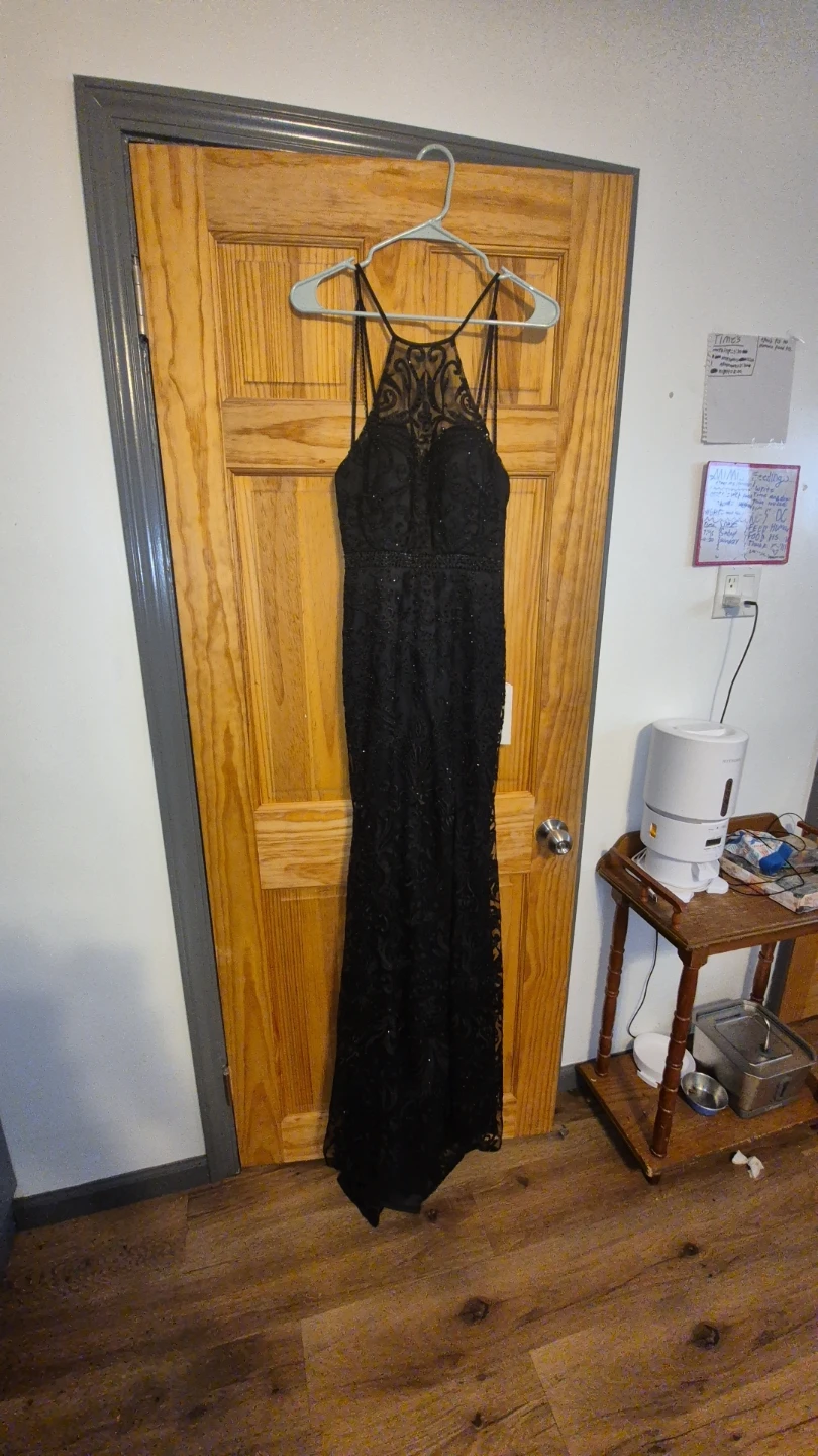 Madison James Black Embellished Lace Mermaid Gown