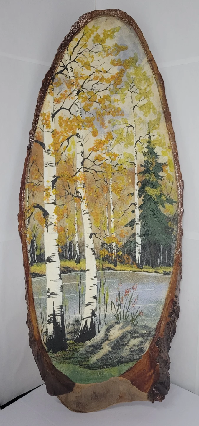 Vintage Wood Slice Landscape Painting 24"