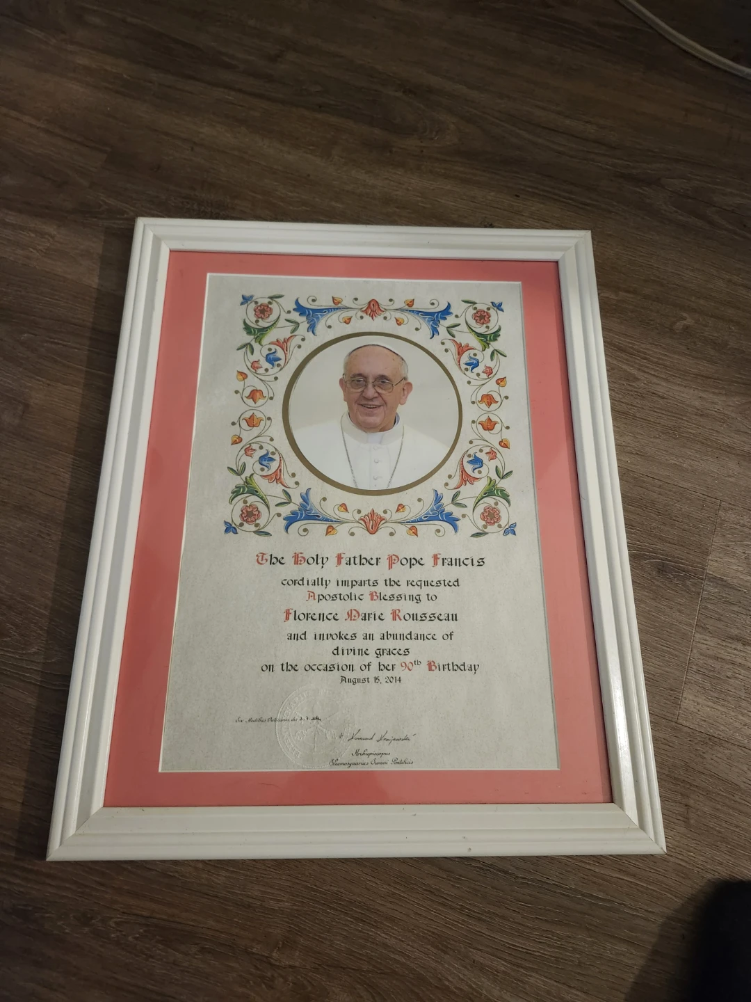 Framed Apostolic Blessing from Pope Francis for 90th Birthday