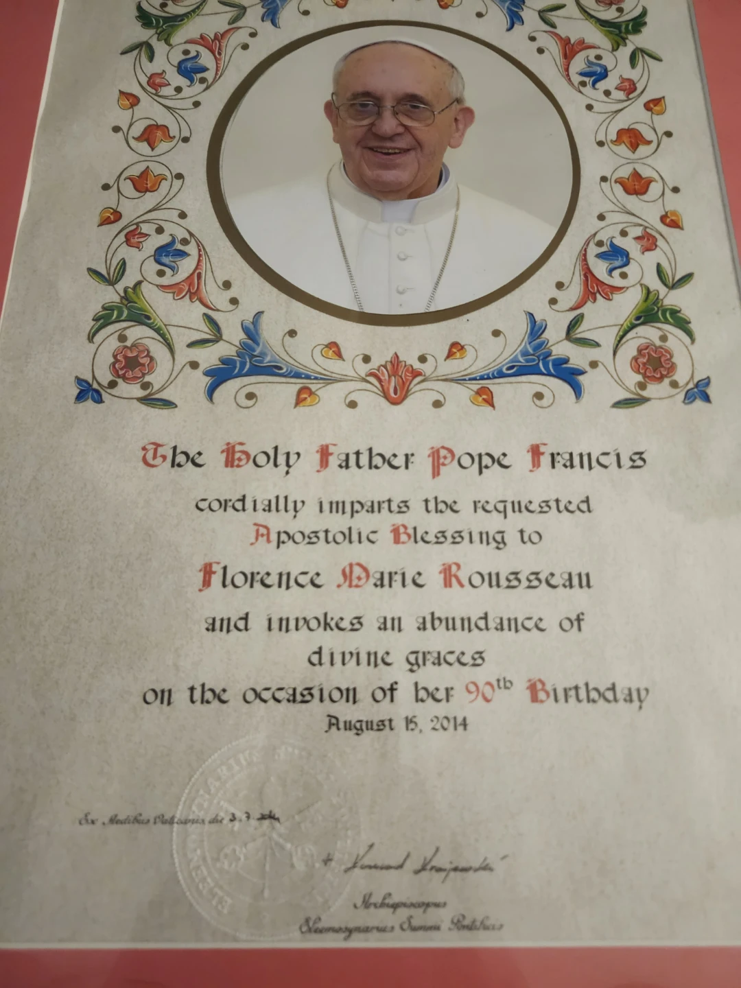 Framed Apostolic Blessing from Pope Francis for 90th Birthday - photo 2