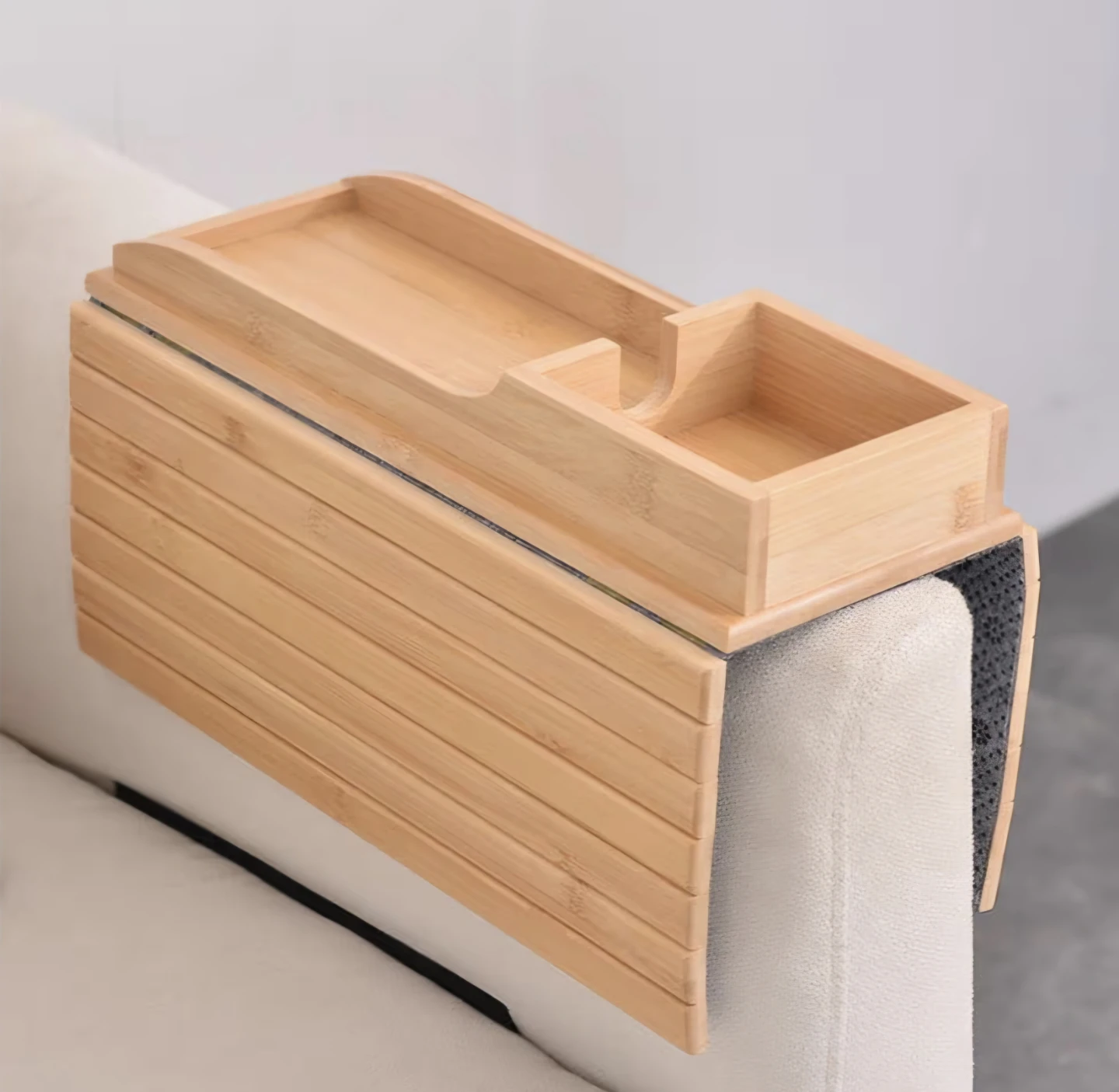 Foldable Wooden Armrest Tray with Cup, Couch Organizer