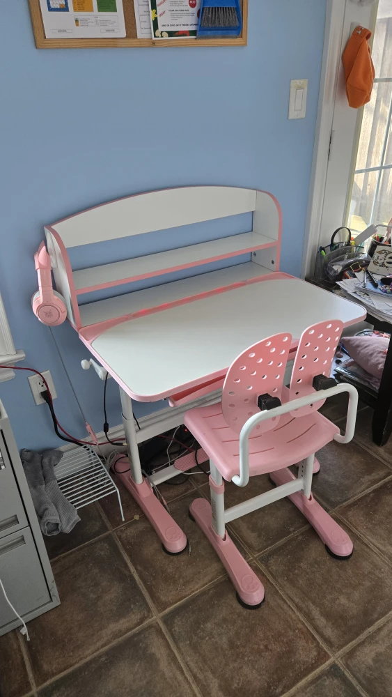 Adjustable Pink Kids Desk and Chair Set with Shelf - photo 4