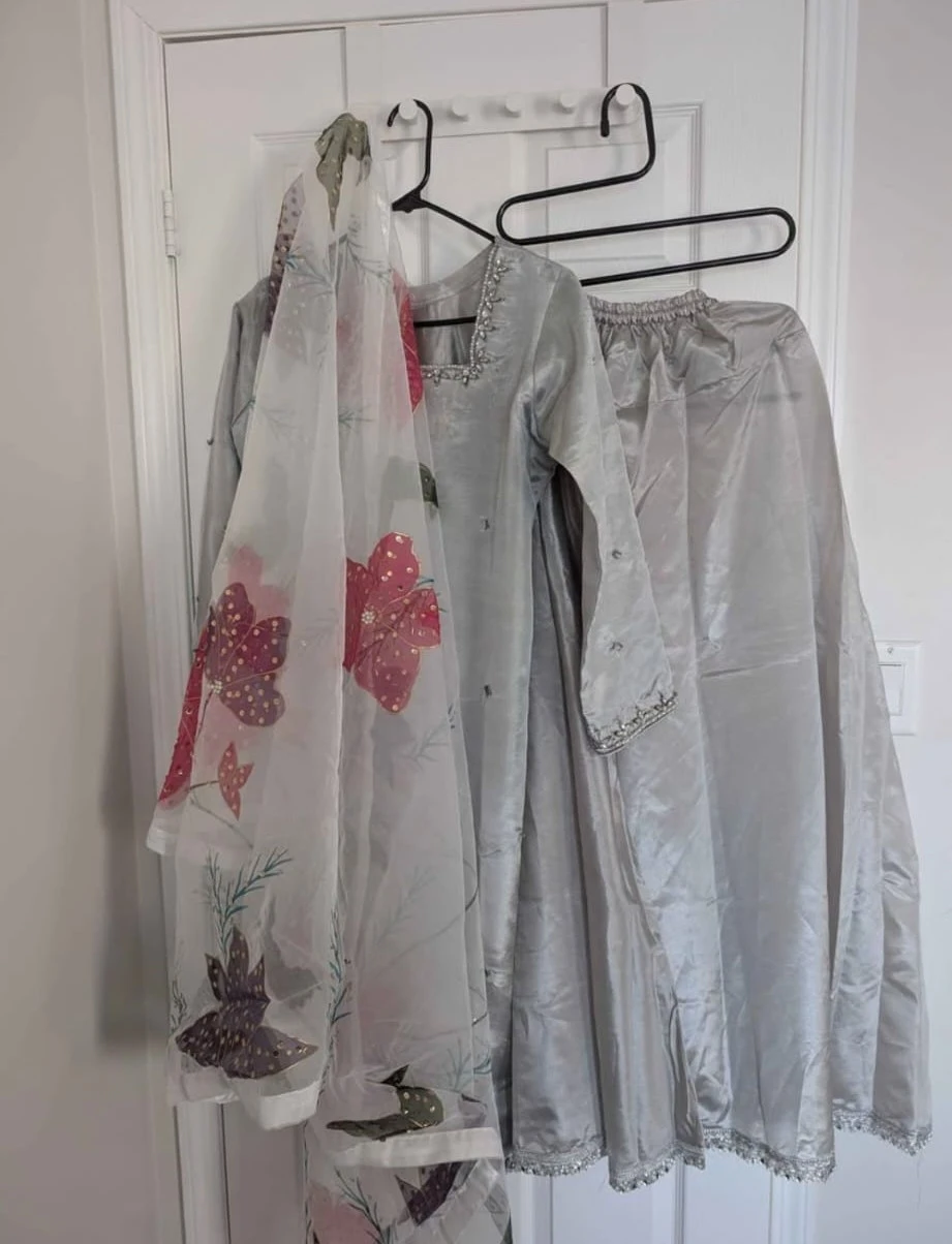 Grey embroidered kurta with floral dupatta