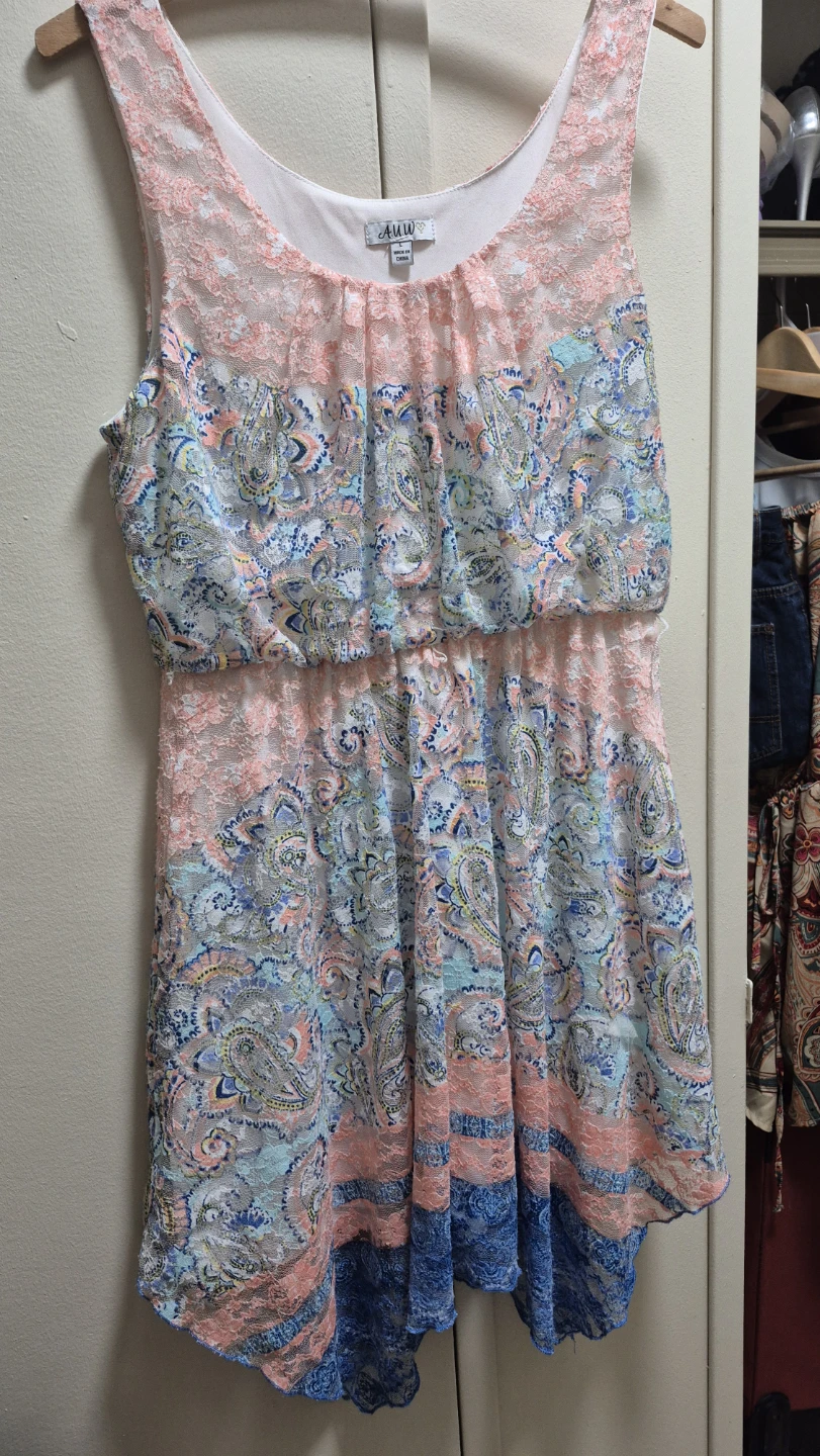 AuW Paisley Print Lace Trim Dress