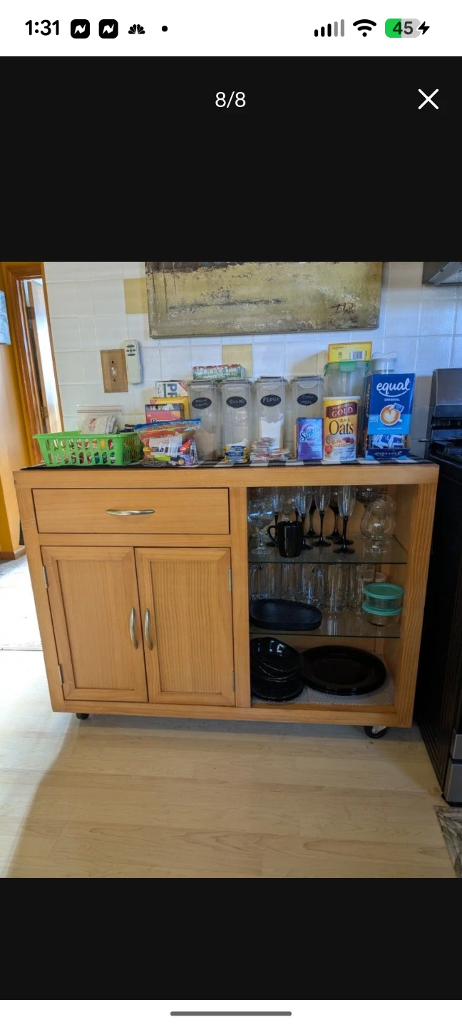 Solid Wood Kitchen Island on Wheels – Glass Shelves – 48”