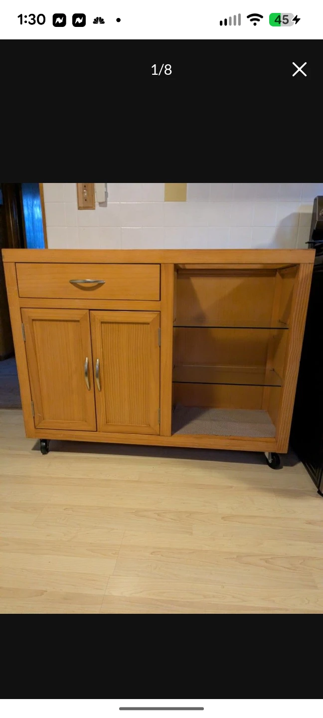 Solid Wood Kitchen Island on Wheels – Glass Shelves – 48” - photo 2
