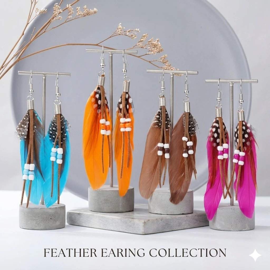Boho Beaded Feather Drop Earrings
