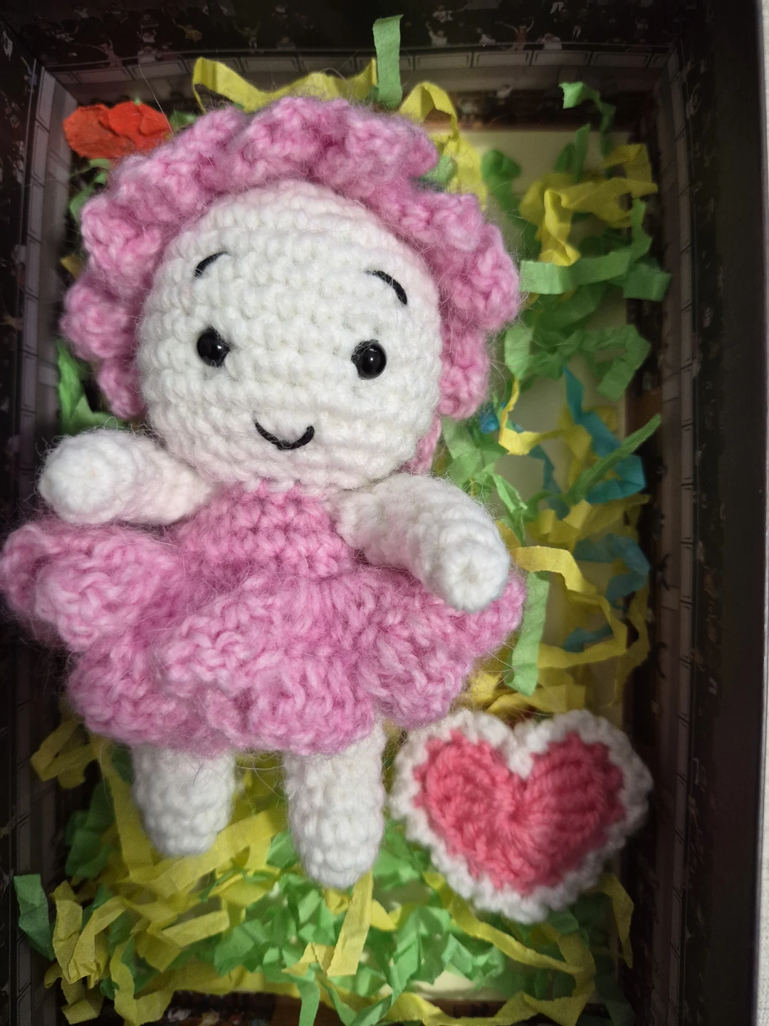 Handmade Crochet Doll with Pink Dress and Heart