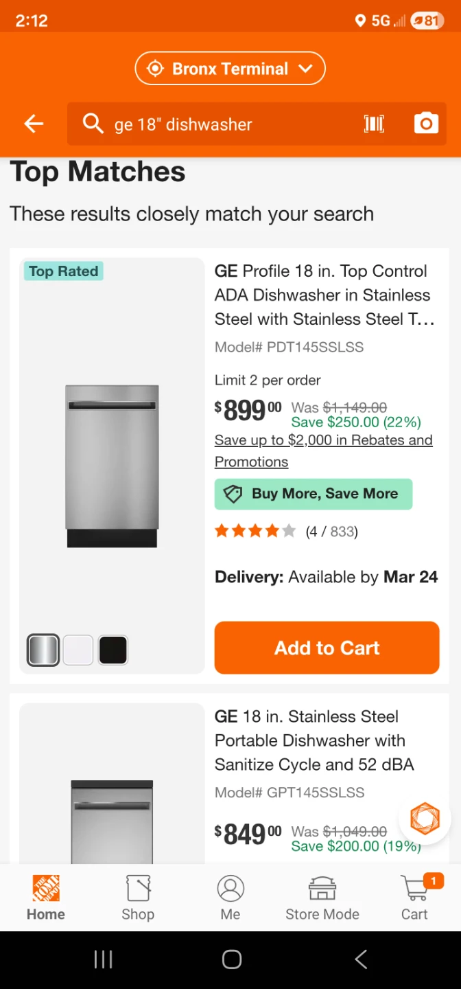 New GE 18in Stainless steel dishwasher