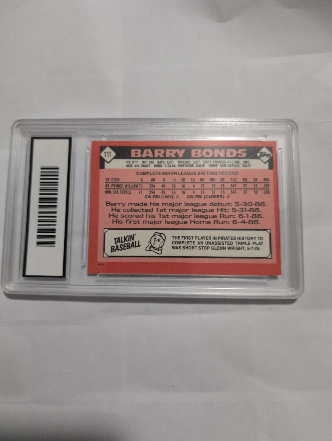 1986 Topps Traded Barry Bonds #11T Rookie Card - GMA Graded 7 - photo 2