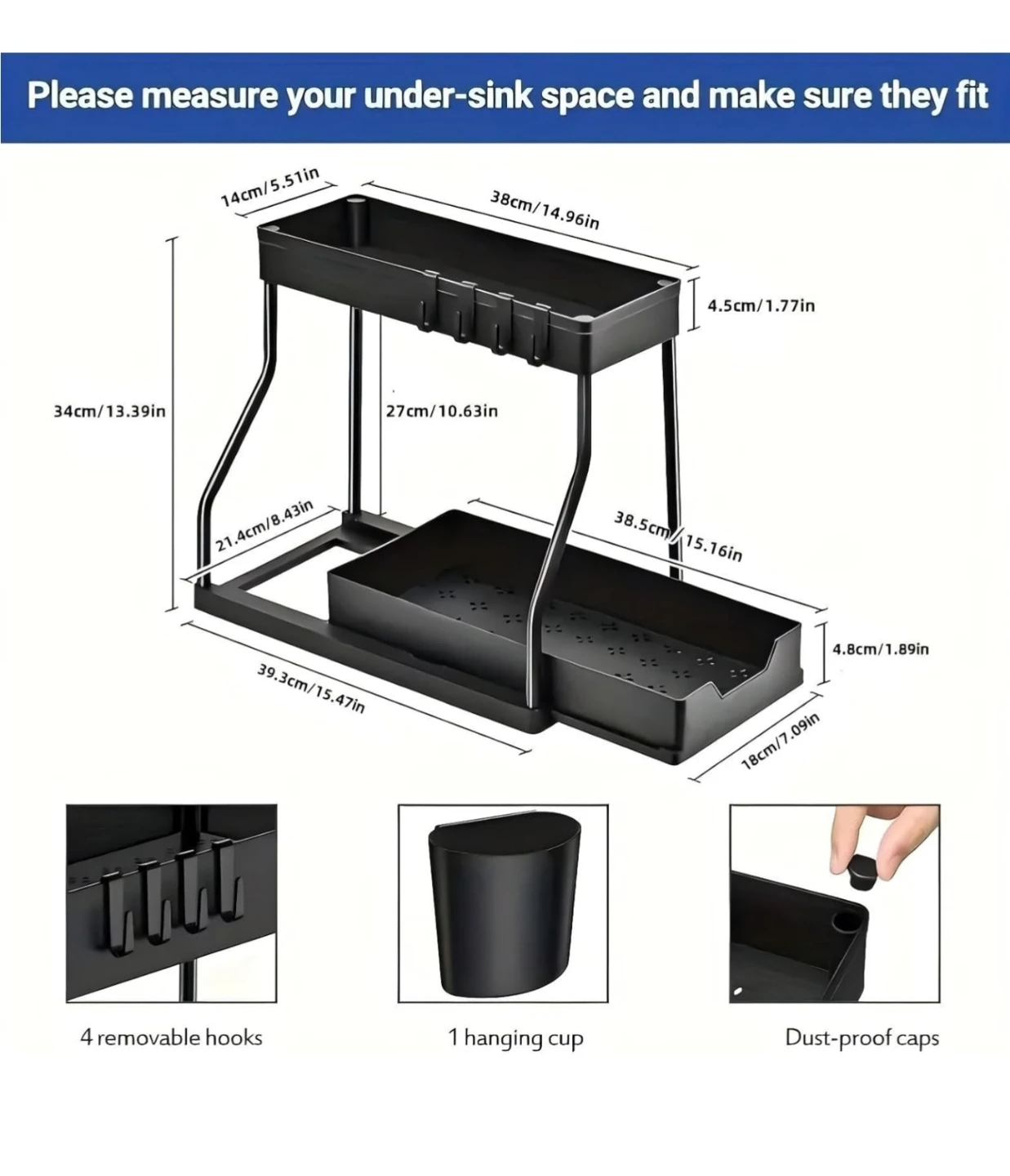 2-Tier Under Sink Organizer with Hanging Cup and Hooks - photo 3