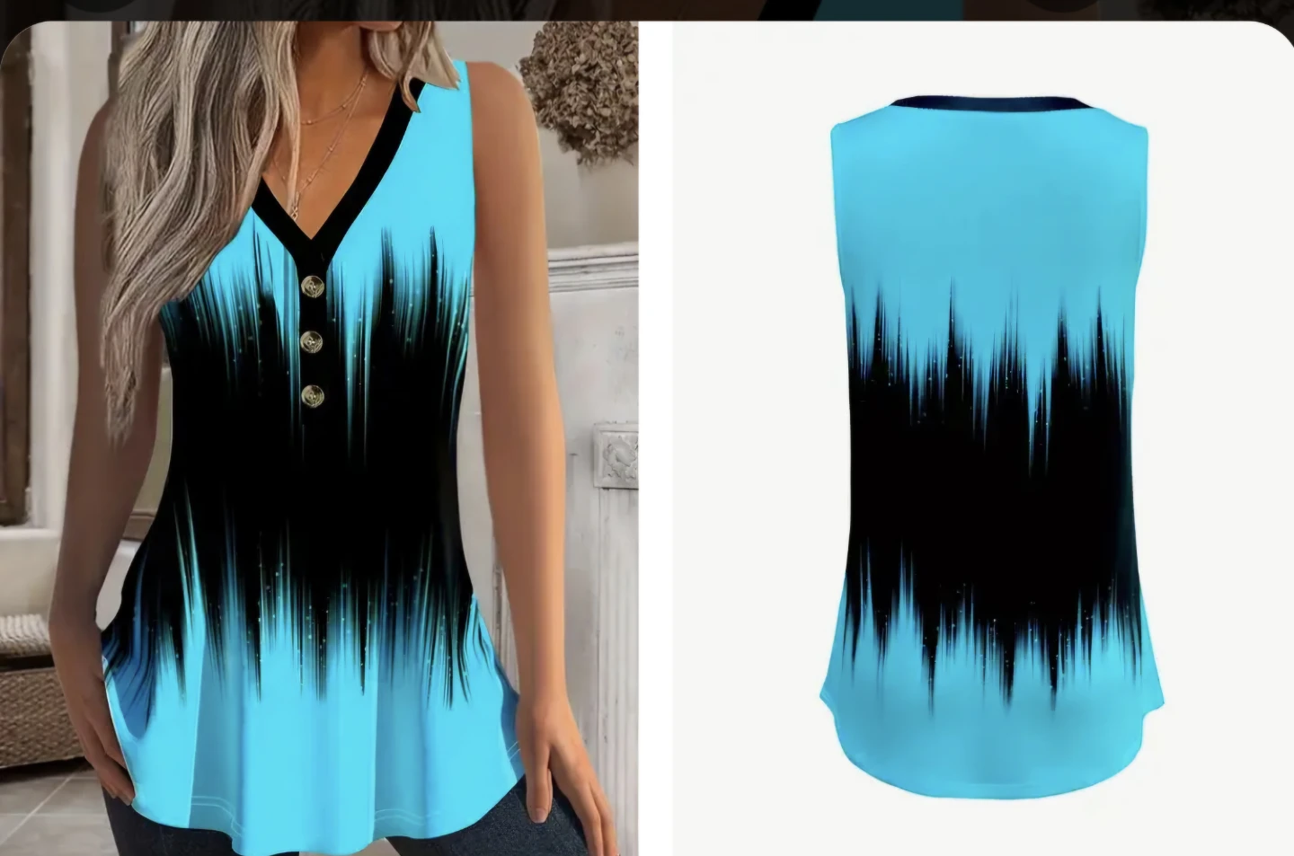Sleeveless V-Neck Tunic Top - Blue & Black