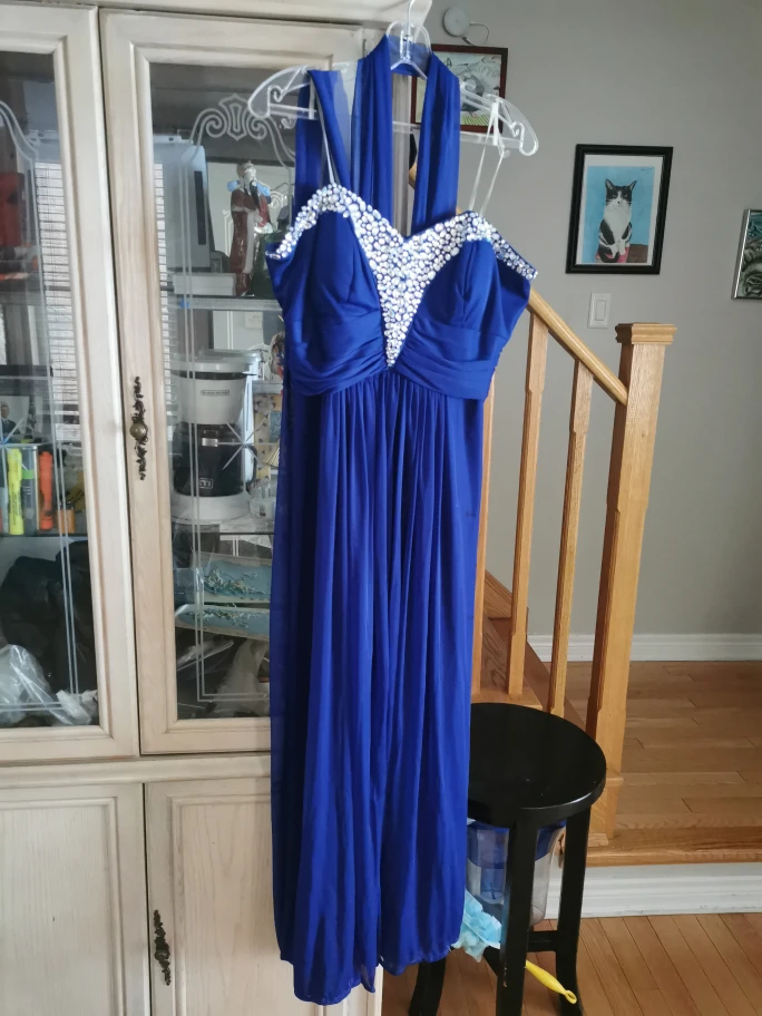Blue Beaded Halter Neck Formal Dress