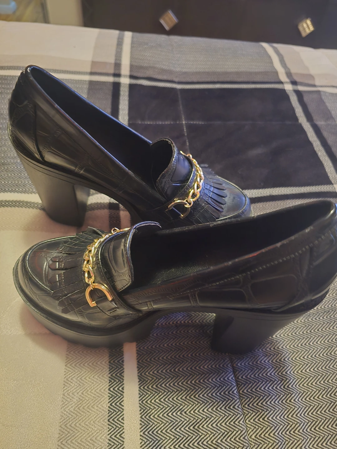 Black Chunky Heel Loafer Shoes with Gold Chain Detail - photo 3