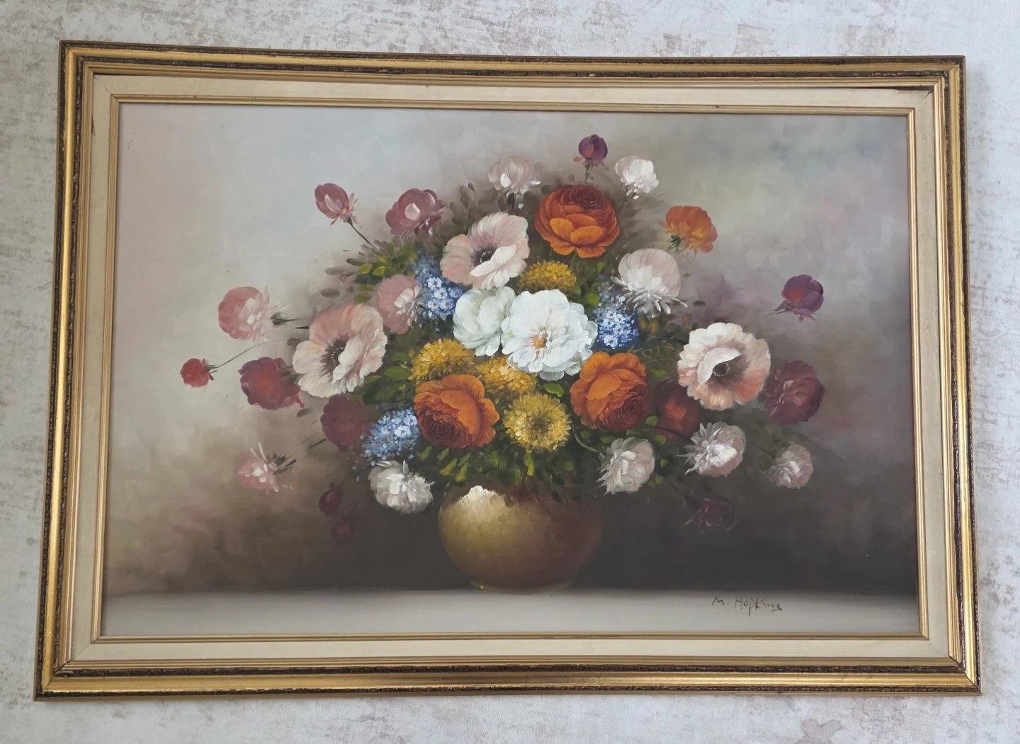 Vintage Floral Oil Painting by M. Hopkins