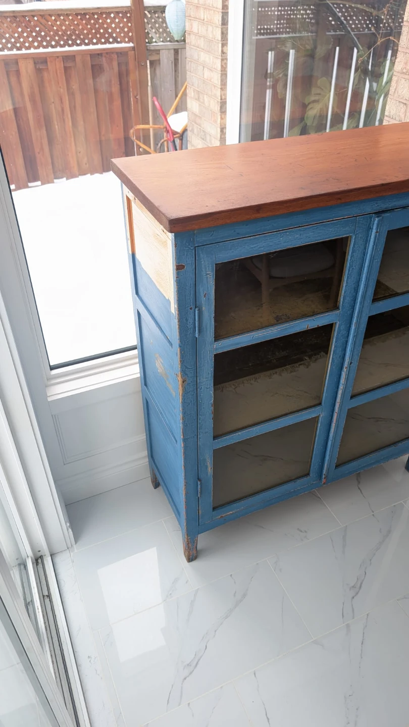 Vintage Blue Wood and Glass Display Cabinet - photo 3