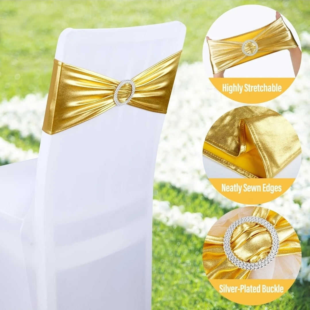 100 picese White Spandex Chair Covers Gold Bow Buckle