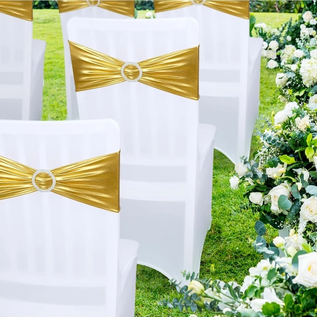 100 picese White Spandex Chair Covers Gold Bow Buckle - photo 2