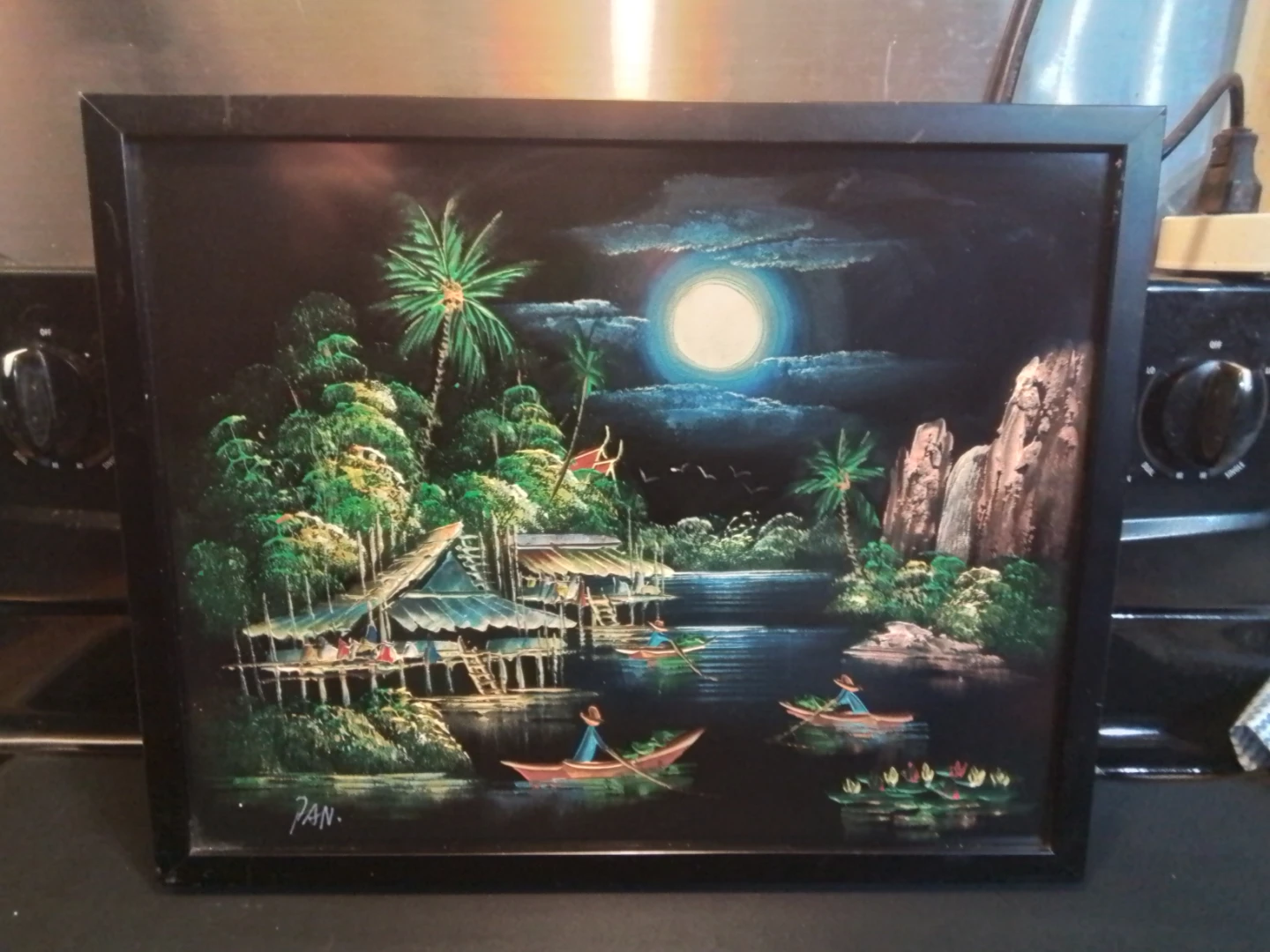 Vintage 1970s Southeast Asian Oil Painting Signed Pan Framed