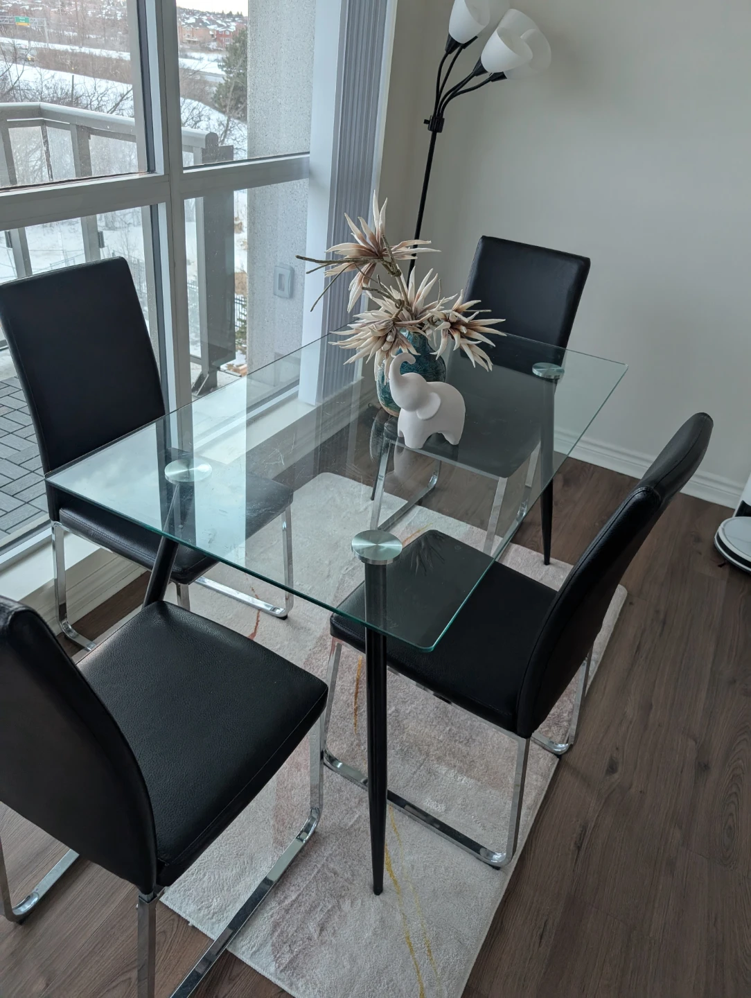 Premium Glass Dining Table with 4 Black Chairs