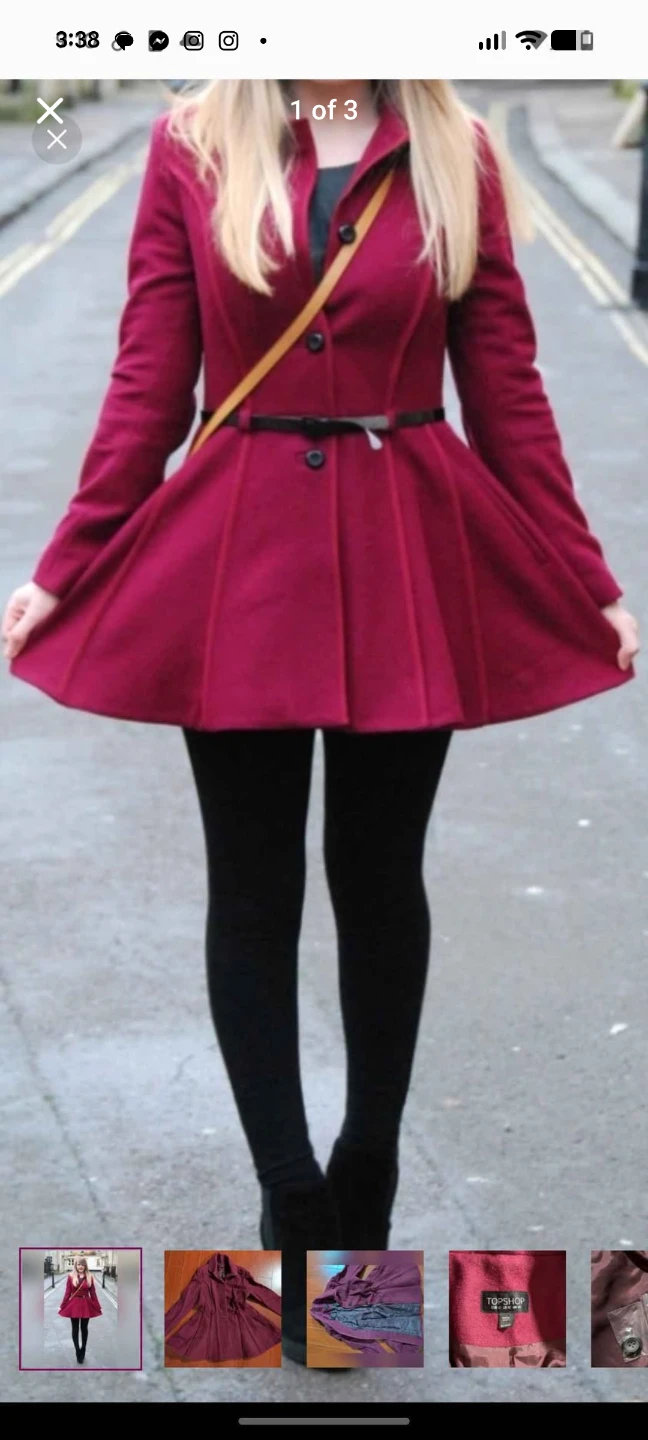 Topshop Burgundy Fit and Flare Coat Size UK 14